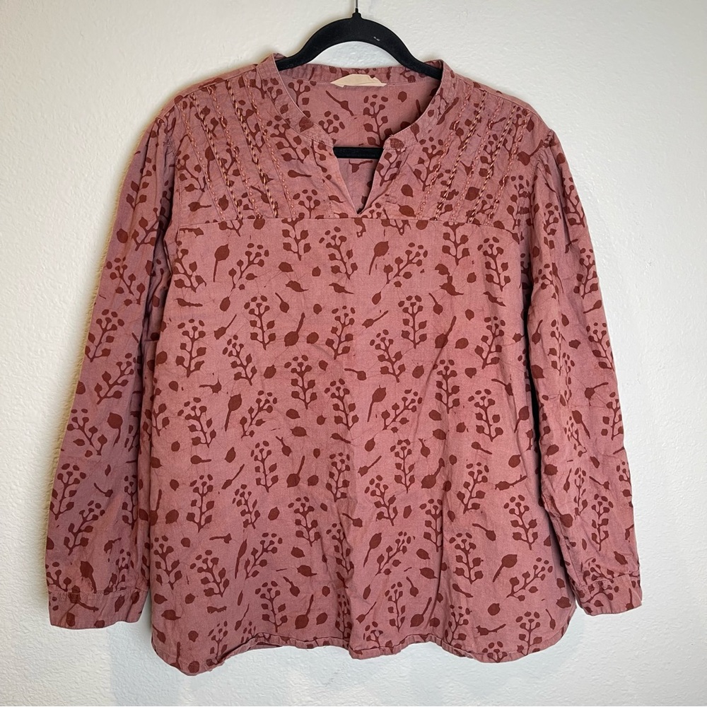 Marketplace Handwork India Boho Embroidered V-Neck Top Cotton Leaf Print Sz 1W